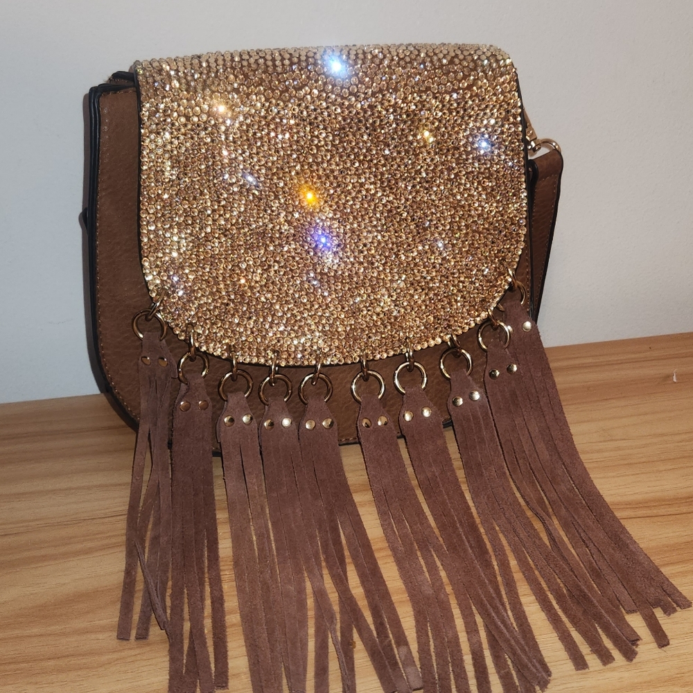 Bedazzled Brown fringe crossbody bag